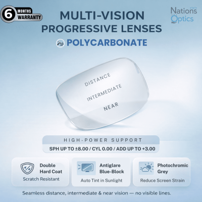 Nations Optics Multi Vision Progressive – Polycarbonate Lenses – Blue Block Photo Grey – High Power (No CYL) - Different Power (Both Eyes)