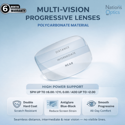 Nations Optics Multi Vision Progressive – Polycarbonate Lenses – Blue Block – Standard Power (No CYL) - Different Power (Both Eyes)