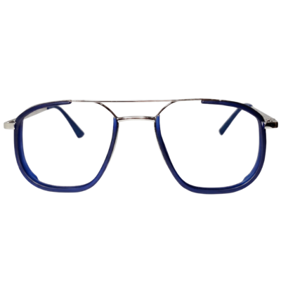 Navy Blue Silver Hexagonal Double Bridge Eyeglasses