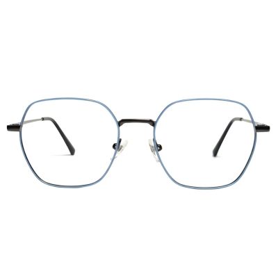blue geometric full rim metal eyeglasses frame