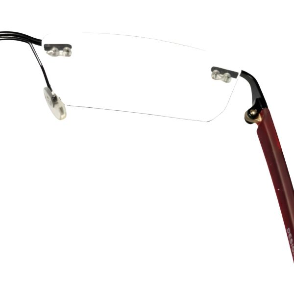 Rimless rectangle eyeglasses with maroon temples and lightweight metal bridge - Nations Optics