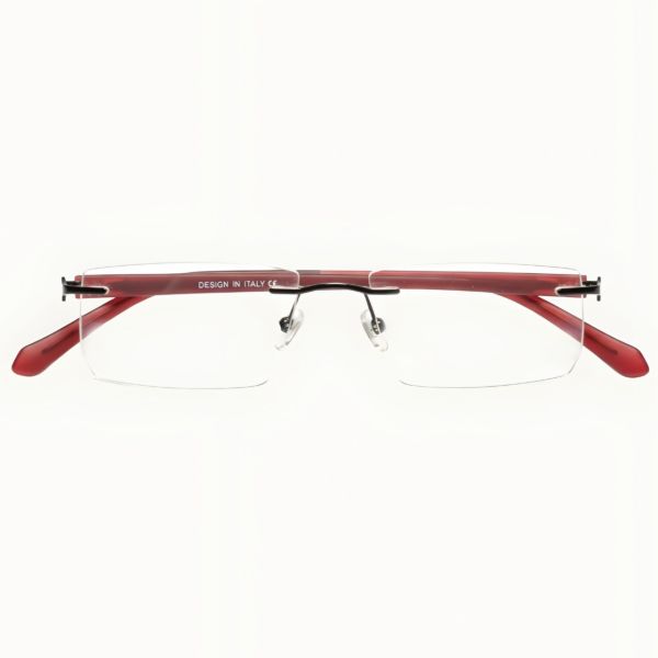 Rimless rectangle eyeglasses with maroon temples and lightweight metal bridge - Nations Optics