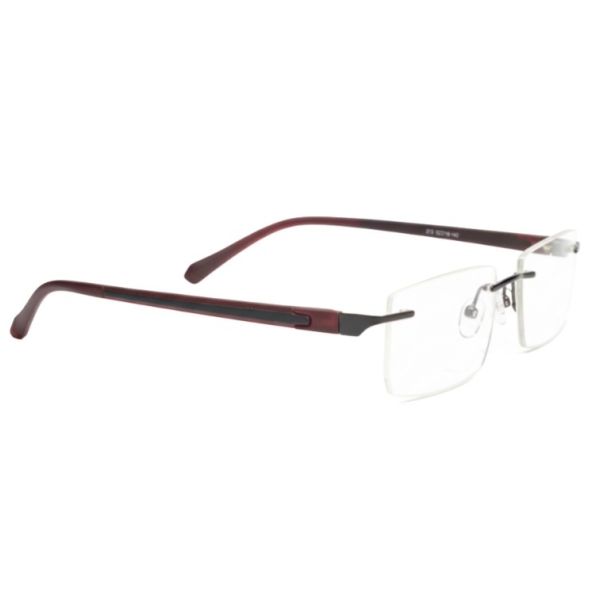 Rimless rectangle eyeglasses with maroon temples and lightweight metal bridge - Nations Optics