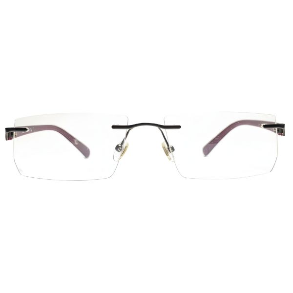 Rimless rectangle eyeglasses with maroon temples and lightweight metal bridge - Nations Optics