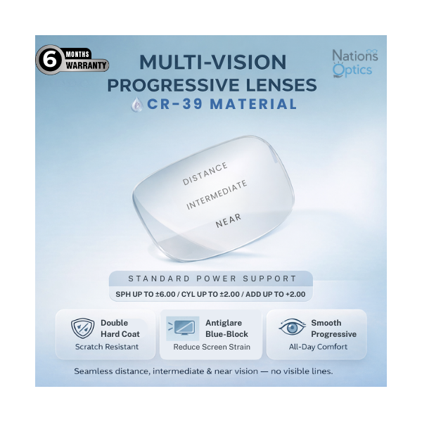 Nations Optics Multi Vision Progressive – CR39 Lenses – Blue Block – Standard Power (With CYL)