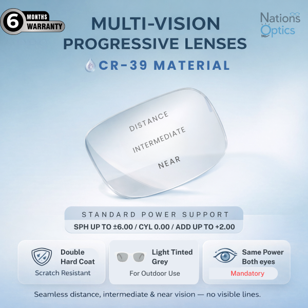 Nations Optics Multi Vision Progressive – CR39 Lenses – Light Tinted Grey – Standard Power (No CYL) - Same Power (Both Eyes)
