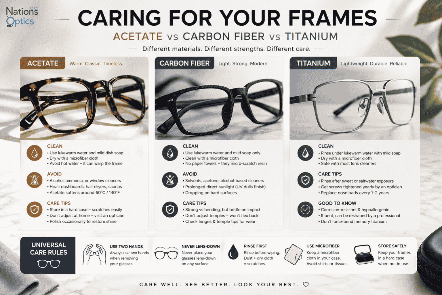 Acetate vs Carbon Fiber vs Titanium Frames: Care Guide | Nations Optics